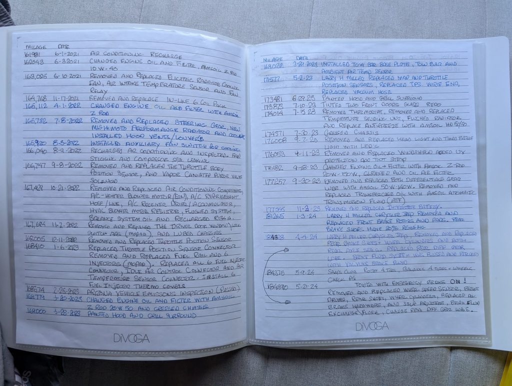 jeep cherokee maintenance log